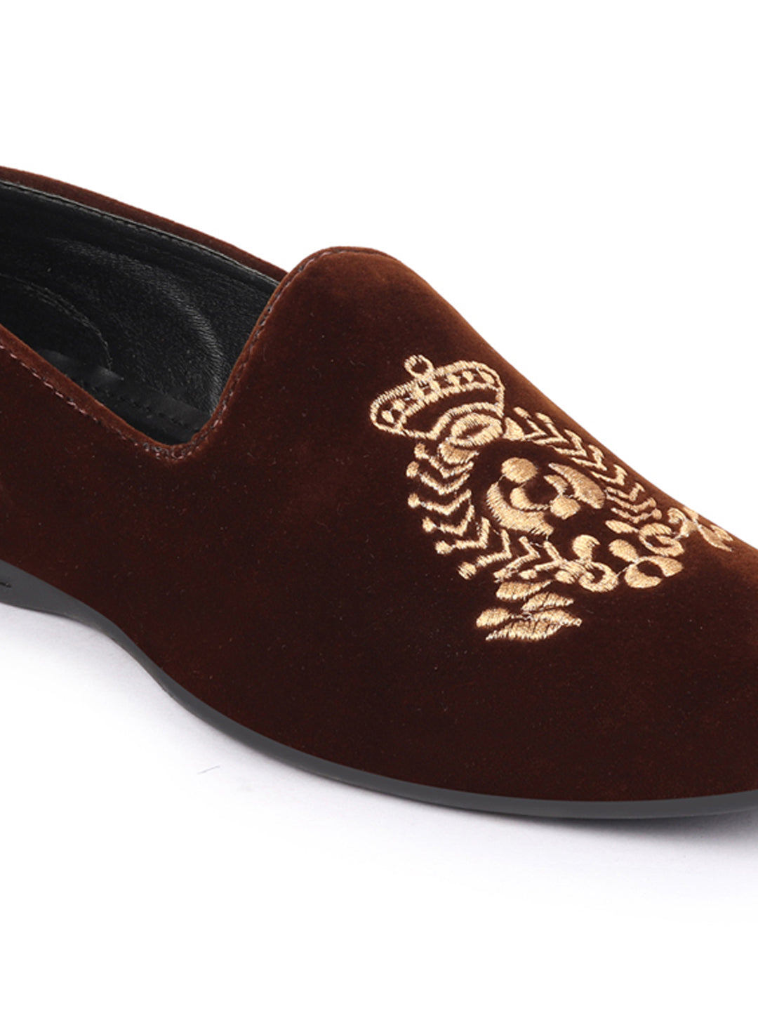Men Brown Velvet Embroidery Design Ethnic Party Loafer Shoes