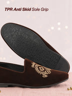 men brown velvet embroidery design party casual loafer shoes
