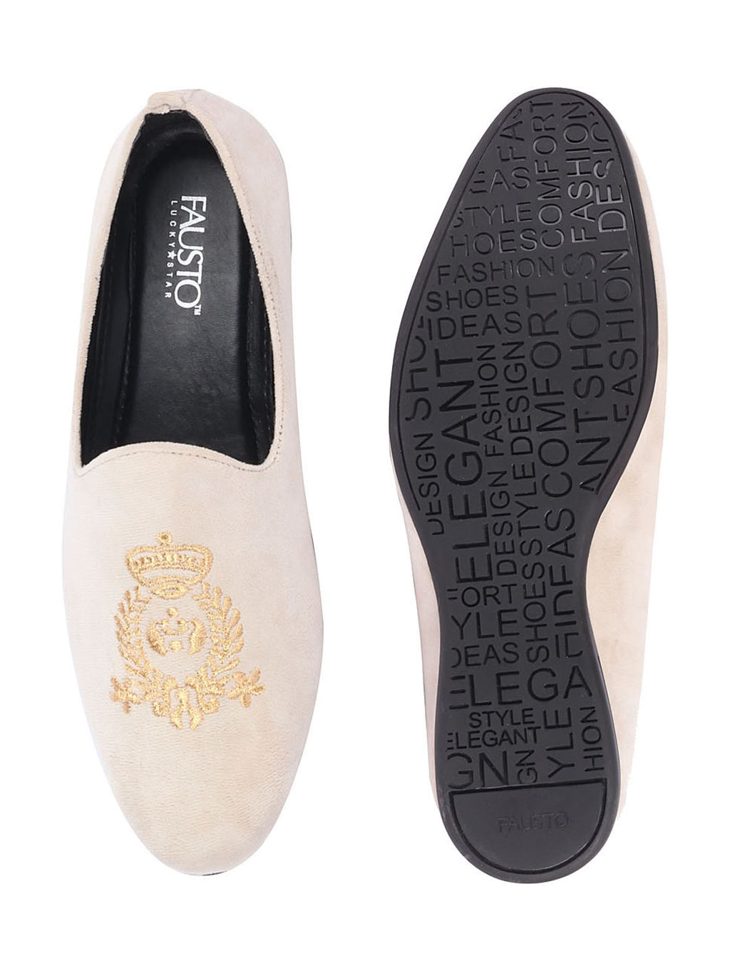 Men Cream Velvet Embroidery Ethnic Party Loafer Shoes