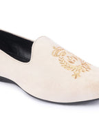 Men Cream Velvet Embroidery Ethnic Party Loafer Shoes