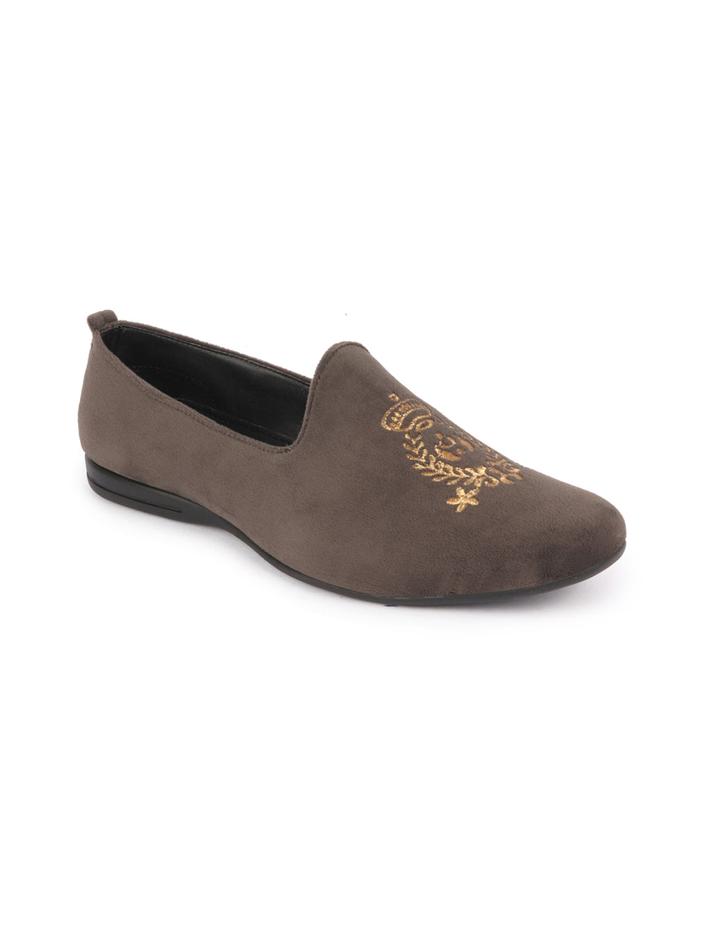 Men Grey Velvet Embroidery Ethnic Party Loafer Shoes