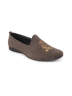Men Grey Velvet Embroidery Ethnic Party Loafer Shoes