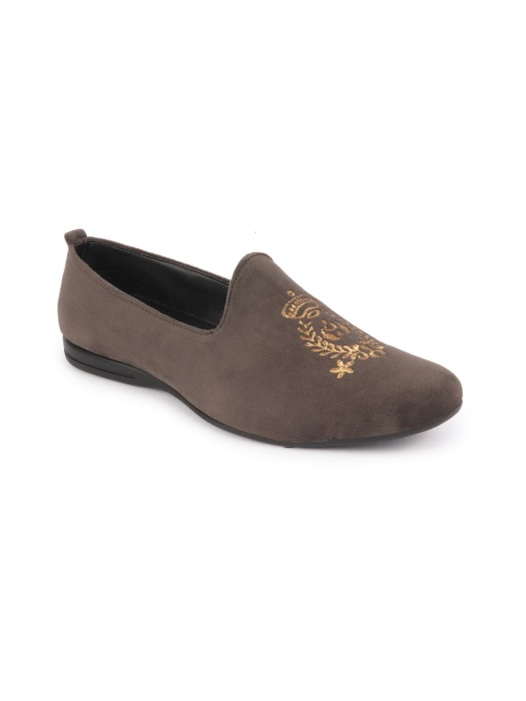 Men Grey Velvet Embroidery Ethnic Party Loafer Shoes