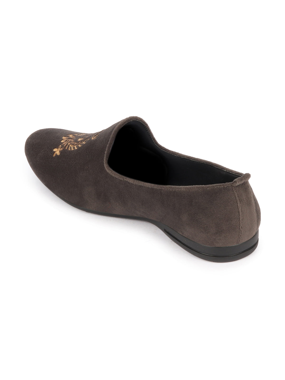 Men Grey Velvet Embroidery Ethnic Party Loafer Shoes