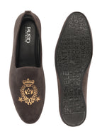Men Grey Velvet Embroidery Ethnic Party Loafer Shoes