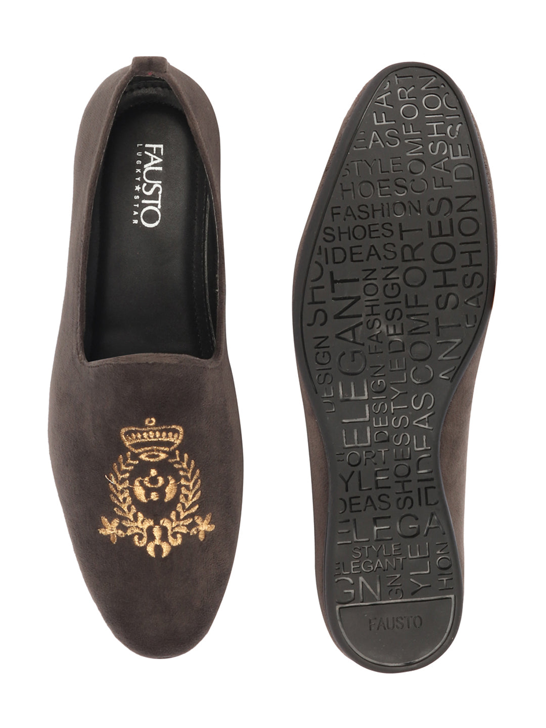 Men Grey Velvet Embroidery Ethnic Party Loafer Shoes