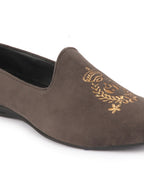Men Grey Velvet Embroidery Ethnic Party Loafer Shoes