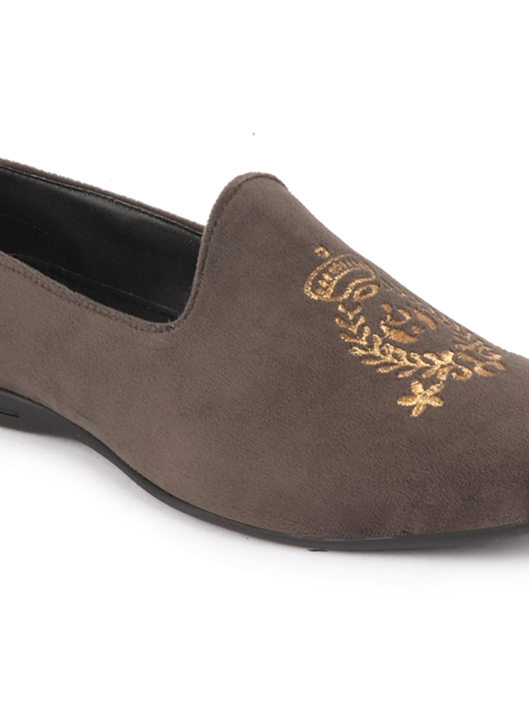 Men Grey Velvet Embroidery Ethnic Party Loafer Shoes