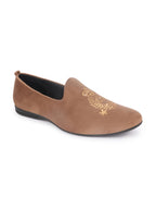 Men Light Brown Velvet Embroidery Ethnic Party Loafer Shoes