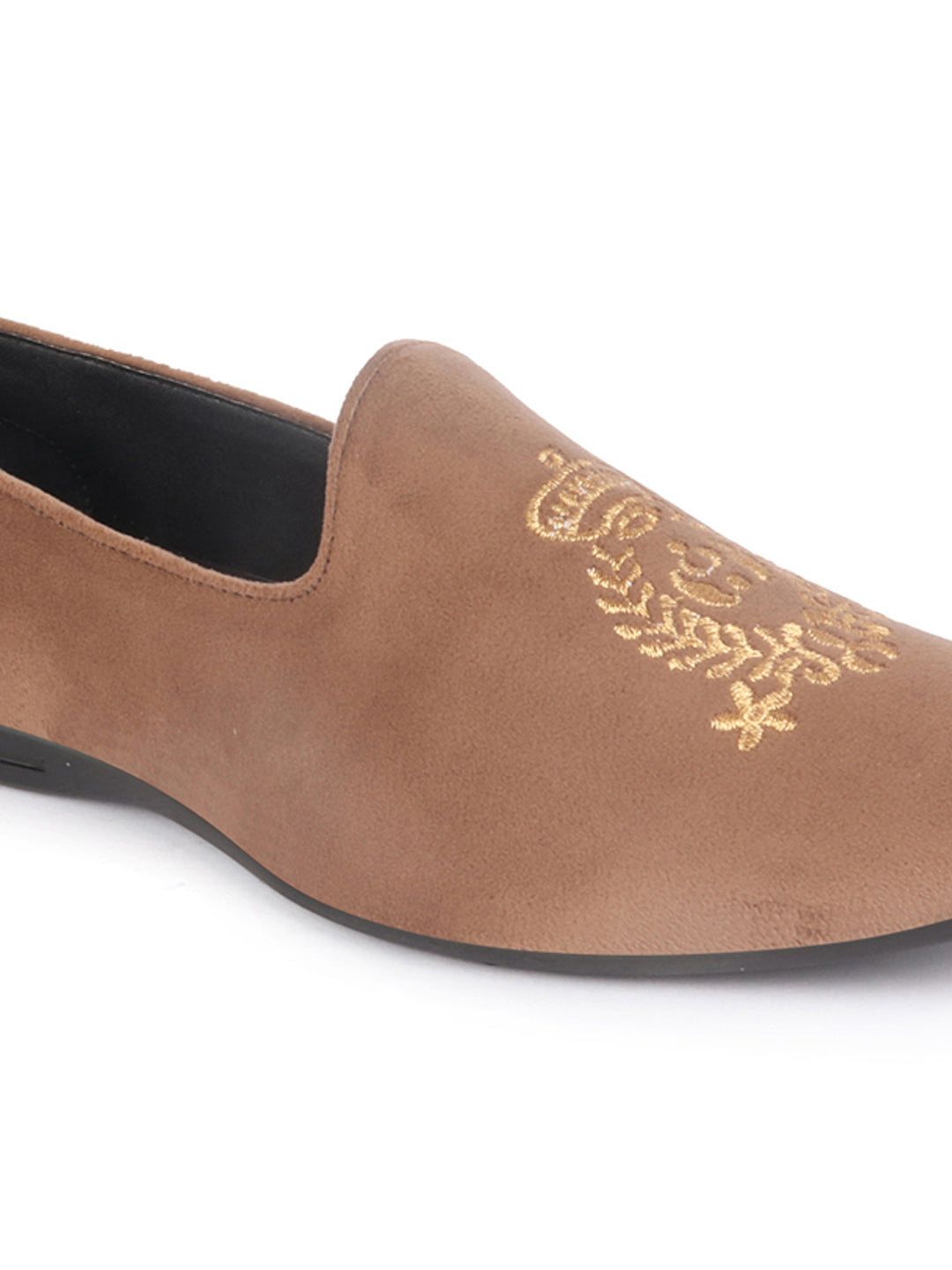 Men Light Brown Velvet Embroidery Ethnic Party Loafer Shoes