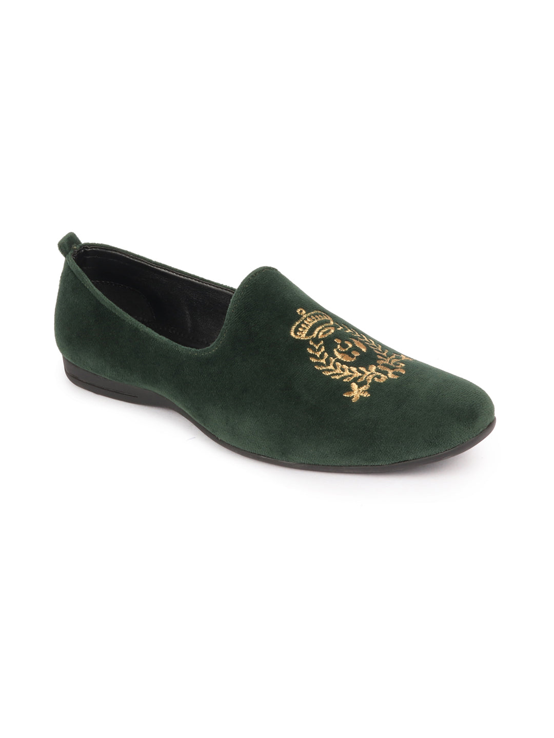 Shop Men Olive Velvet Embroidery Design Party Casual Loafer Shoes Online.