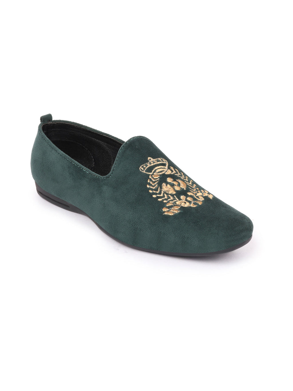 Men Olive Velvet Embroidery Design Ethnic Party Loafer Shoes
