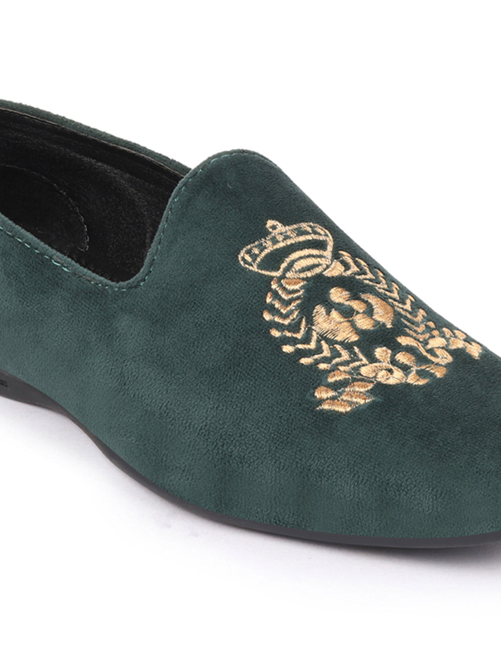 Men Olive Velvet Embroidery Design Ethnic Party Loafer Shoes