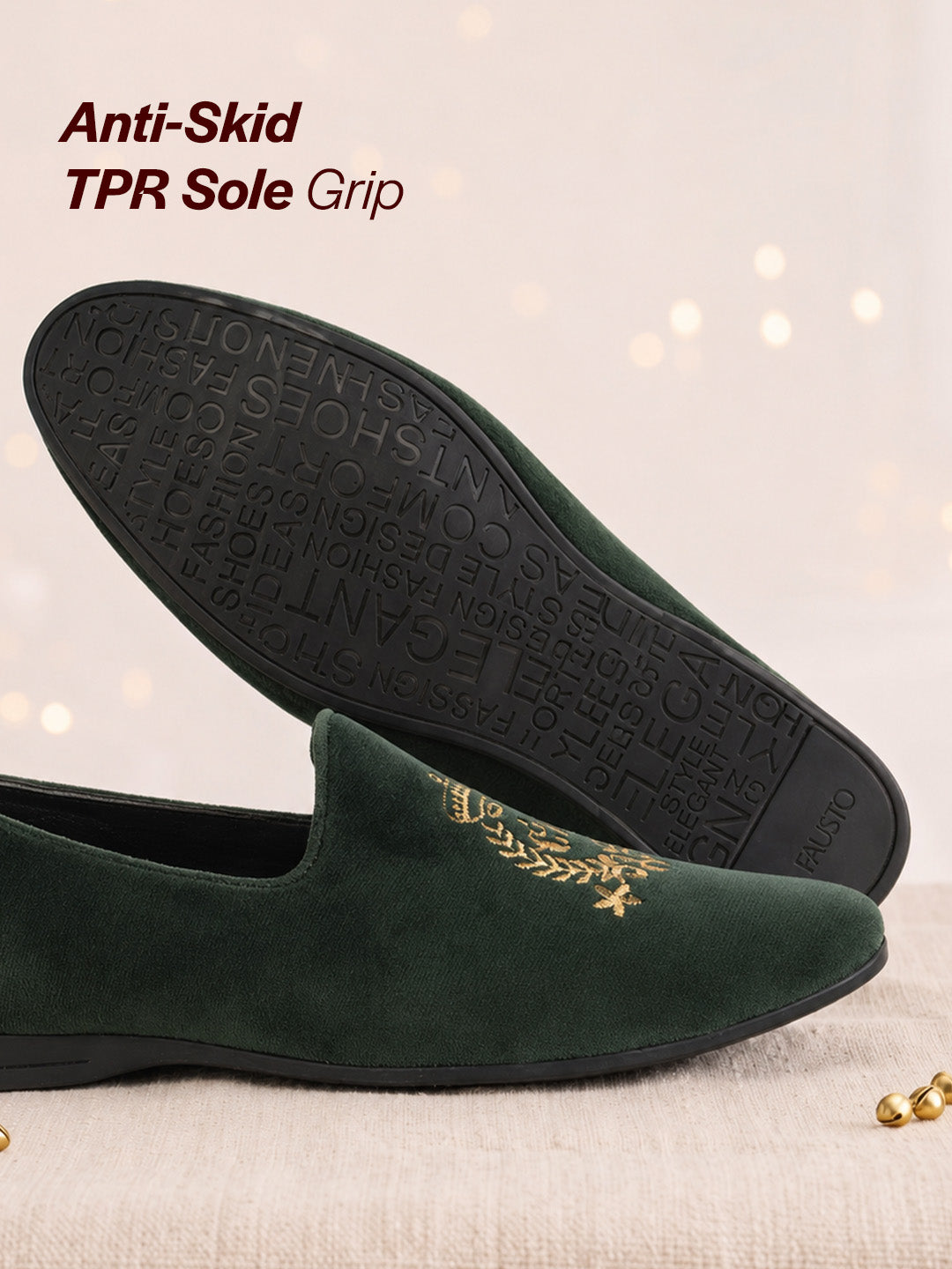 Men Olive Velvet Embroidery Design Ethnic Party Loafer Shoes