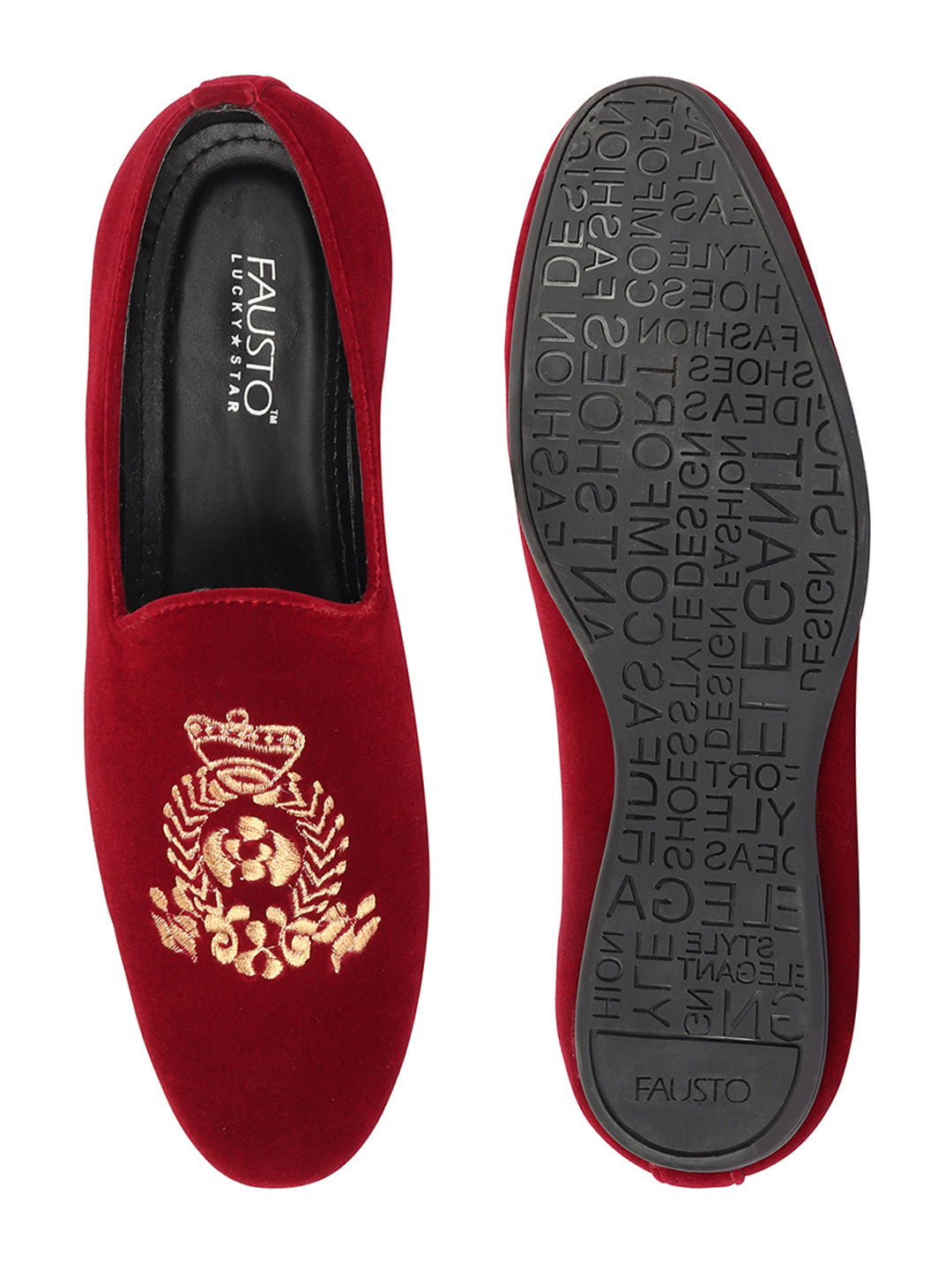 Men Red Velvet Embroidery Design Ethnic Party Loafer Shoes