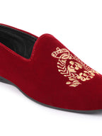 Men Red Velvet Embroidery Design Ethnic Party Loafer Shoes