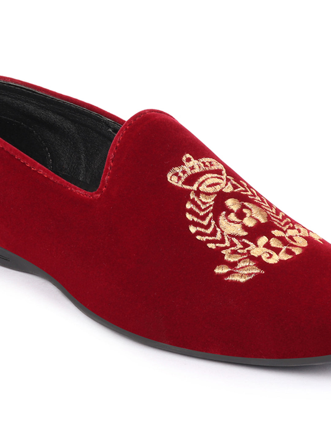 Men Red Velvet Embroidery Design Ethnic Party Loafer Shoes