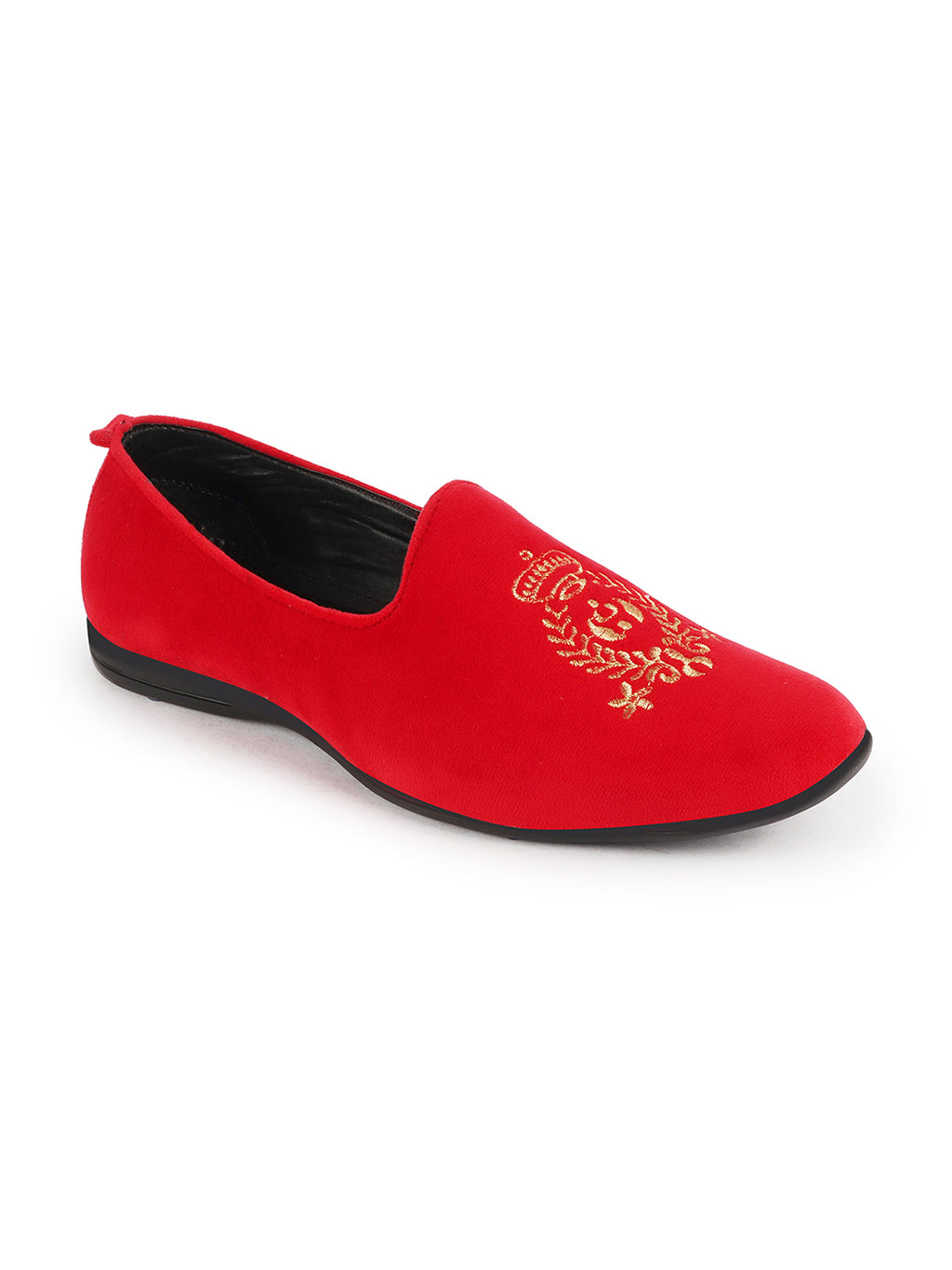 Men Rose Red Velvet Embroidery Ethnic Party Loafer Shoes