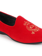 Men Rose Red Velvet Embroidery Ethnic Party Loafer Shoes
