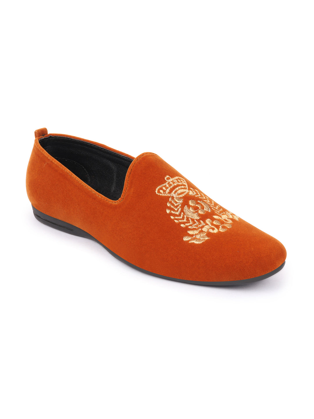 Men Tan Velvet Embroidery Design Ethnic Party Loafer Shoes