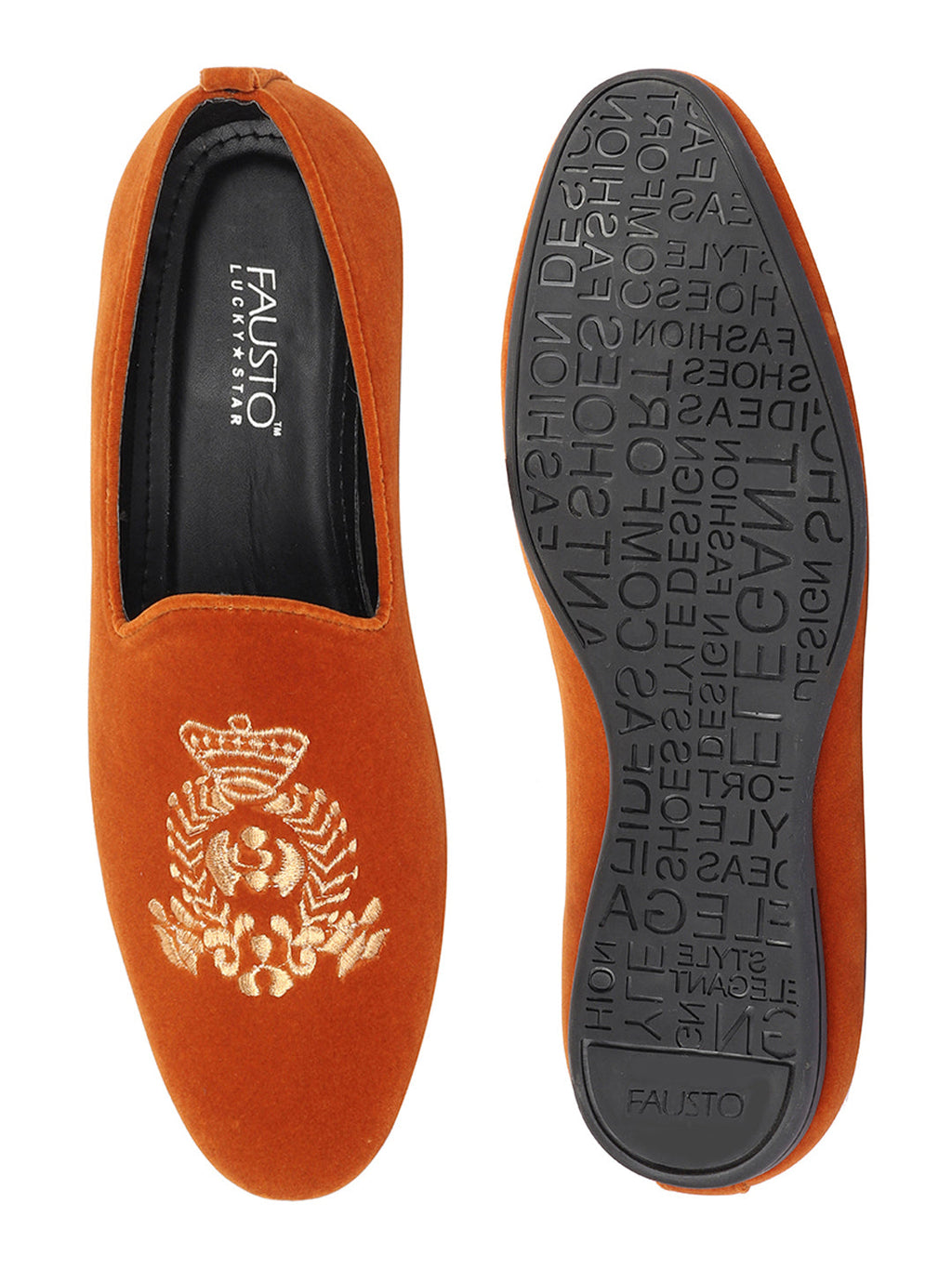 Men Tan Velvet Embroidery Design Ethnic Party Loafer Shoes