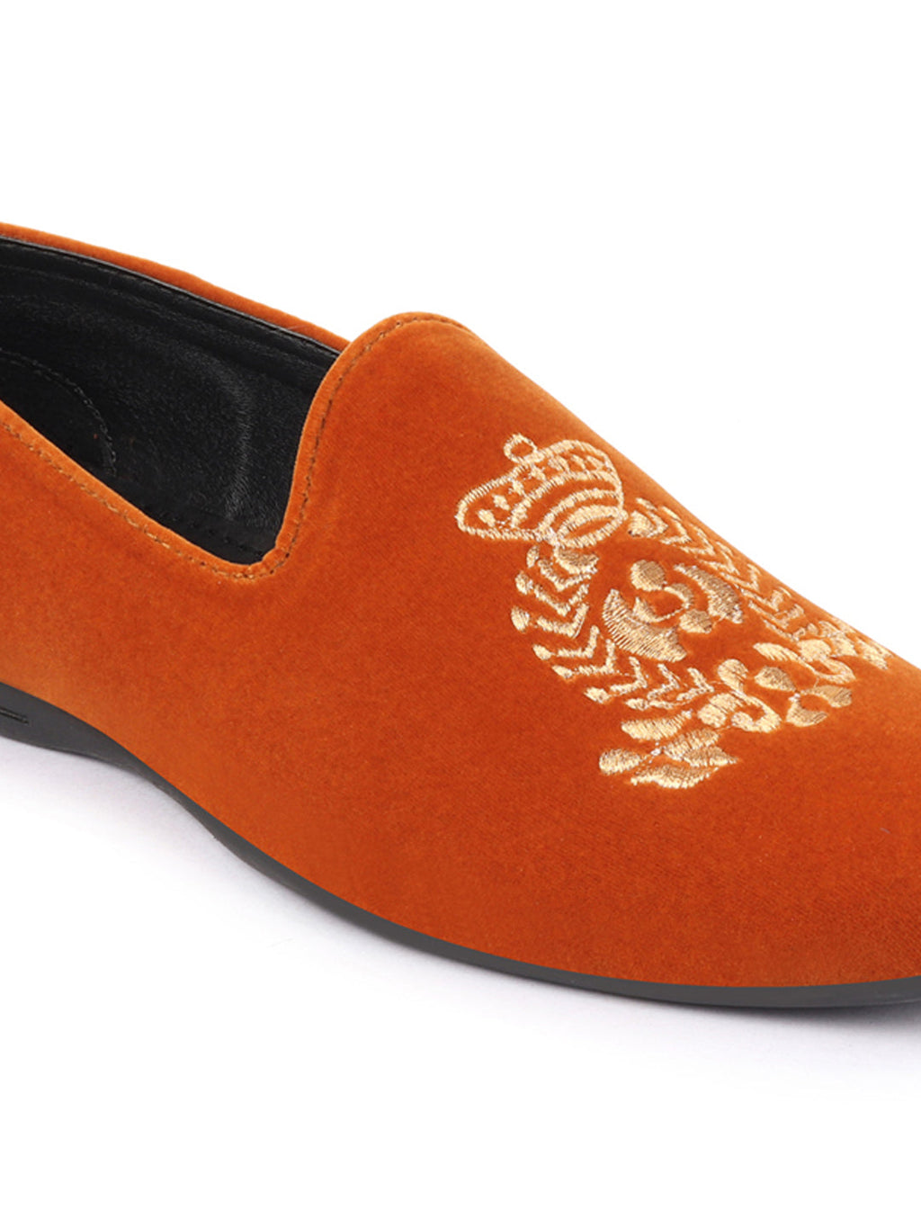 Men Tan Velvet Embroidery Design Ethnic Party Loafer Shoes