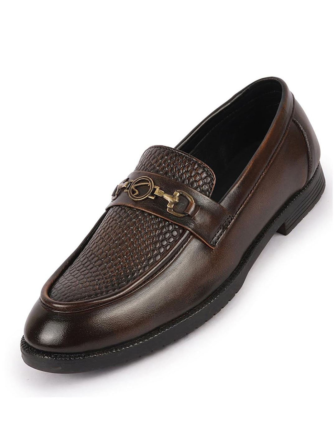 Shop Men Black Wedding Party Embossed Design Genuine Leather Buckle Slip On Loafer Shoes Online.