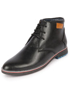 Shop Men Black Genuine Leather Mid Top Chukka Lace Up Boots with TPR Welted Colorblocked Sole Online.