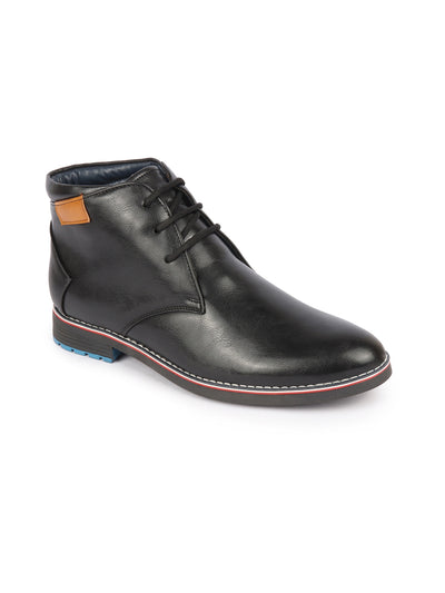 Men Black Genuine Leather Mid Top Chukka Lace Up Boots with TPR Welted Colorblocked Sole