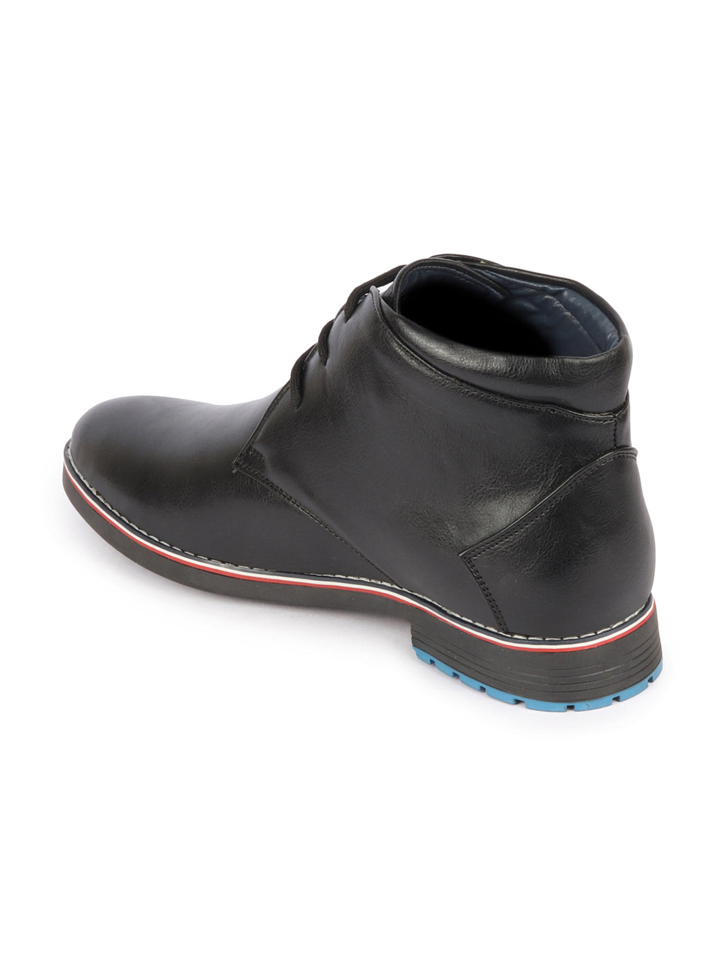 Shop Men Black Genuine Leather Mid Top Chukka Lace Up Boots with TPR Welted Colorblocked Sole Online.