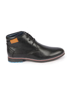 Shop Men Black Genuine Leather Mid Top Chukka Lace Up Boots with TPR Welted Colorblocked Sole Online.