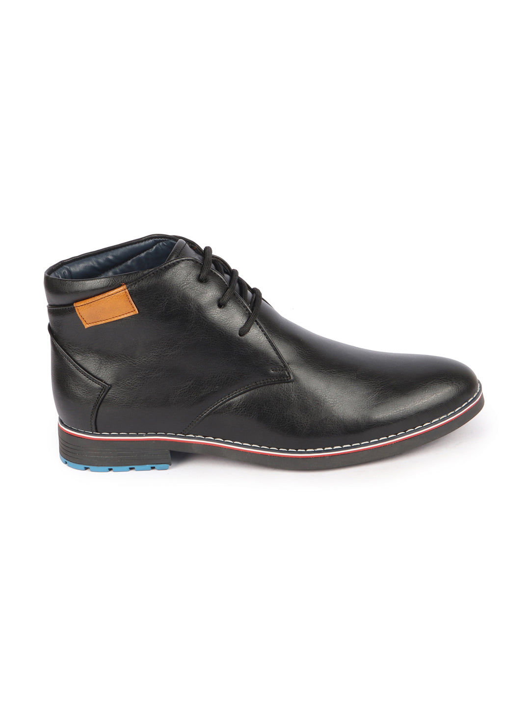 Shop Men Black Genuine Leather Mid Top Chukka Lace Up Boots with TPR Welted Colorblocked Sole Online.