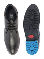 Shop Men Black Genuine Leather Mid Top Chukka Lace Up Boots with TPR Welted Colorblocked Sole Online.