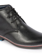Shop Men Black Genuine Leather Mid Top Chukka Lace Up Boots with TPR Welted Colorblocked Sole Online.