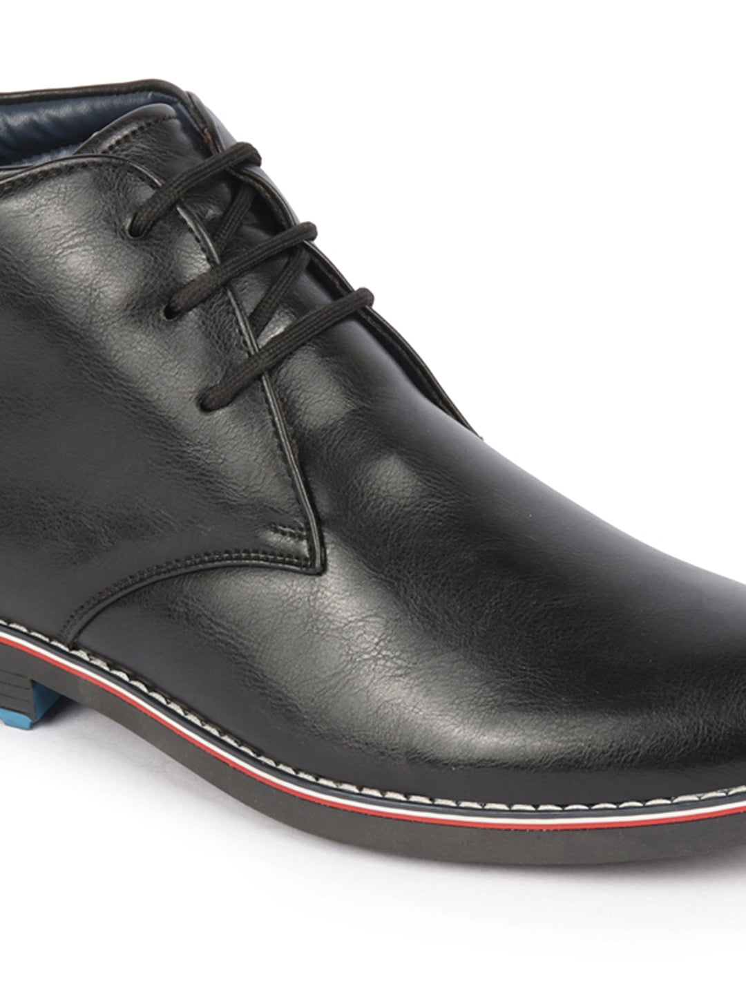 Shop Men Black Genuine Leather Mid Top Chukka Lace Up Boots with TPR Welted Colorblocked Sole Online.