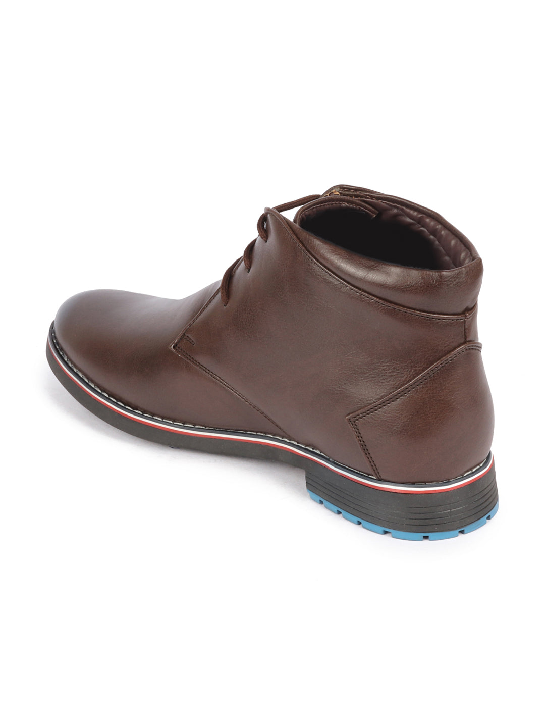 Shop Men Brown Genuine Leather Mid Top Chukka Lace Up Boots with TPR Welted Colorblocked Sole Online.