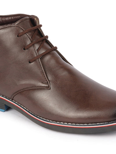 Men Brown Genuine Leather Mid Top Chukka Lace Up Boots with TPR Welted Colorblocked Sole