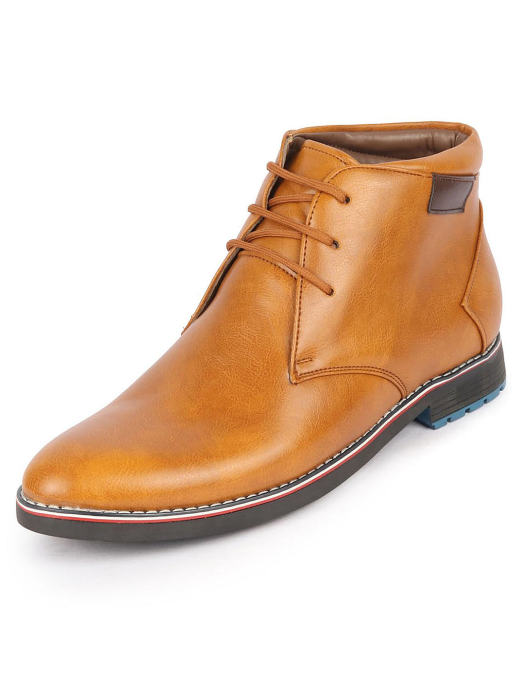 Men Tan Genuine Leather Mid Top Chukka Lace Up Boots with TPR Welted Colorblocked Sole