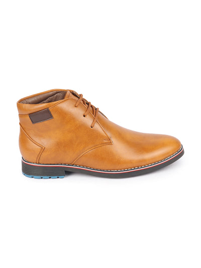 Men Tan Genuine Leather Mid Top Chukka Lace Up Boots with TPR Welted Colorblocked Sole