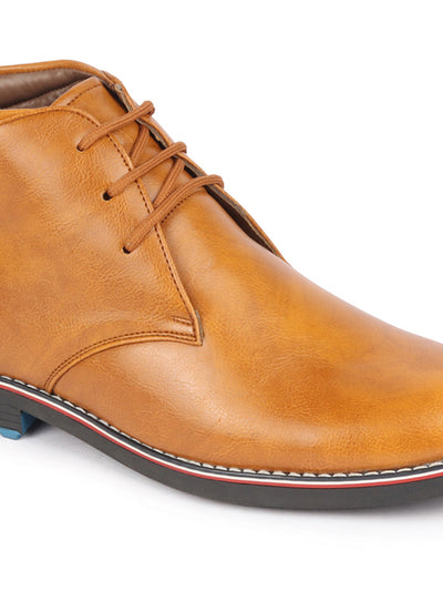Men Tan Genuine Leather Mid Top Chukka Lace Up Boots with TPR Welted Colorblocked Sole