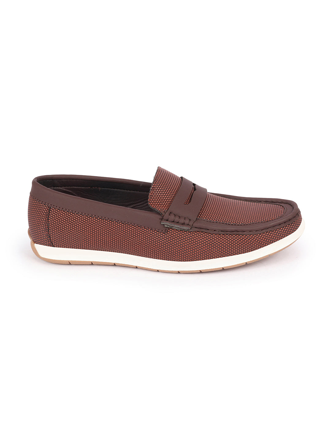 Shop Men Brown Textured Design Casual Slip On Loafer Boat Shoes Online.