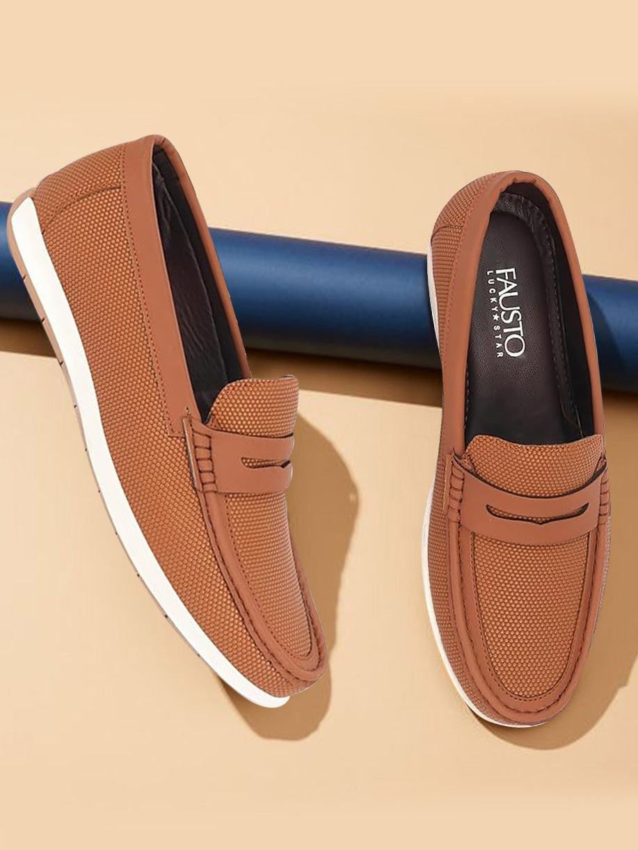 Shop Men Tan Textured Design Casual Slip On Loafer Boat Shoes Online.