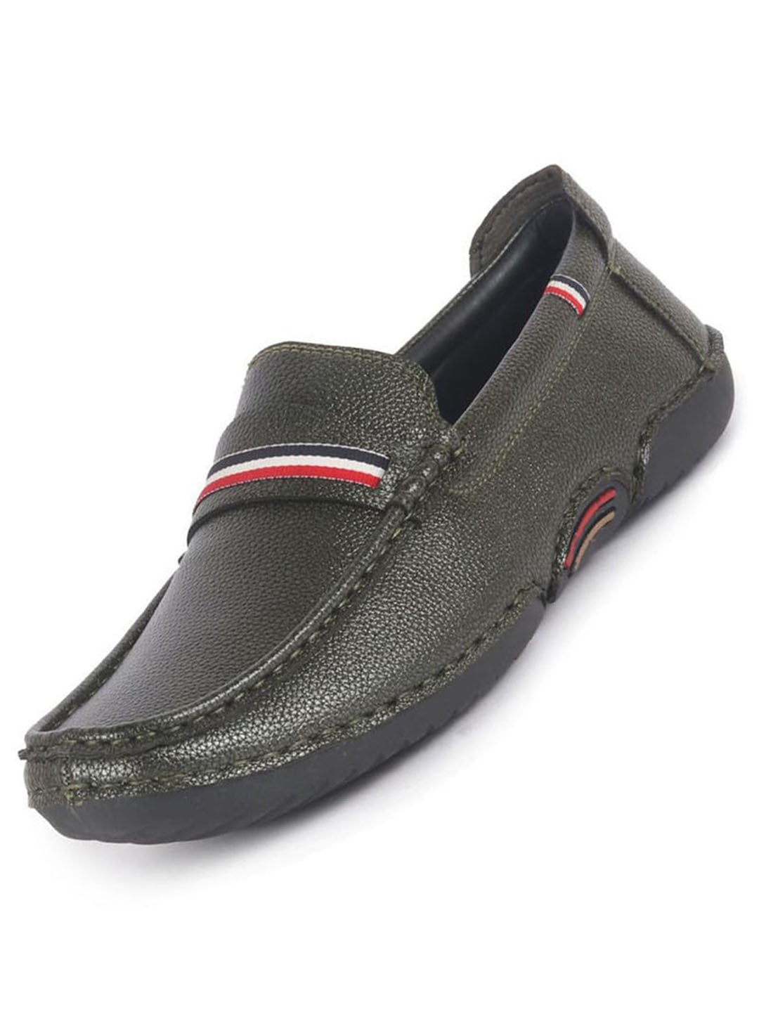 Men Olive Stitched Stripe Design Classic Slip-Ons Loafer with Flexible Slip Resistant Sole|Slip On Shoes|Casual Shoes