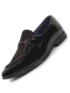 Men Black Velvet Patent Leather Horsebit Buckle Ethnic Slip On Shoes|Party Shoe|Office Shoe|Anti Skid Sole