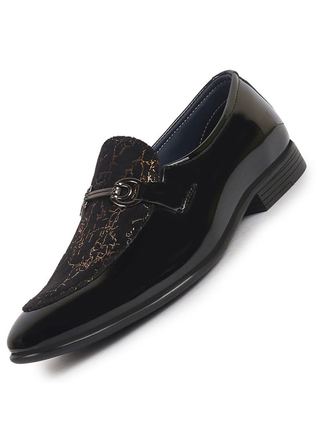Men Black Velvet Patent Leather Horsebit Buckle Ethnic Slip On Shoes|Party Shoe|Office Shoe|Anti Skid Sole