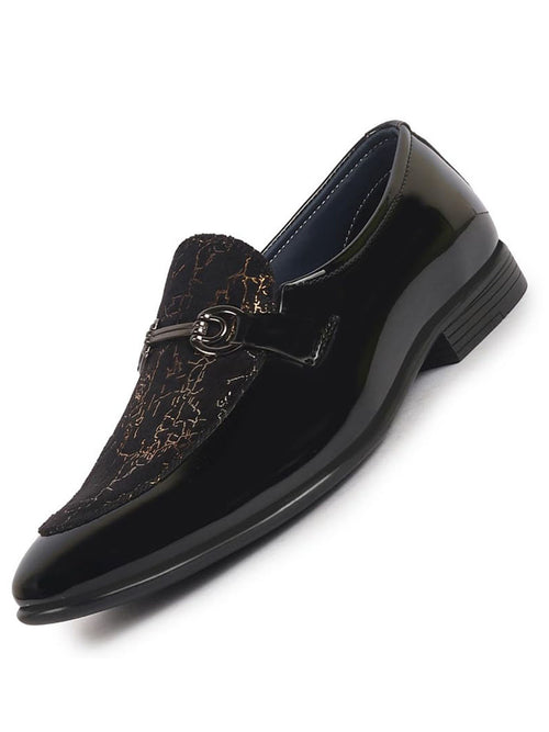 Men Black Velvet Patent Leather Horsebit Buckle Ethnic Slip On Shoes|Party Shoe|Office Shoe|Anti Skid Sole