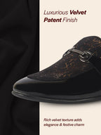 Men Black Velvet Patent Leather Horsebit Buckle Ethnic Slip On Shoes|Party Shoe|Office Shoe|Anti Skid Sole