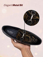 Men Black Velvet Patent Leather Horsebit Buckle Ethnic Slip On Shoes|Party Shoe|Office Shoe|Anti Skid Sole