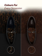 men brown velvet patent leather horsebit buckle ethnic slip on shoes|party shoe|office shoe|anti skid sole