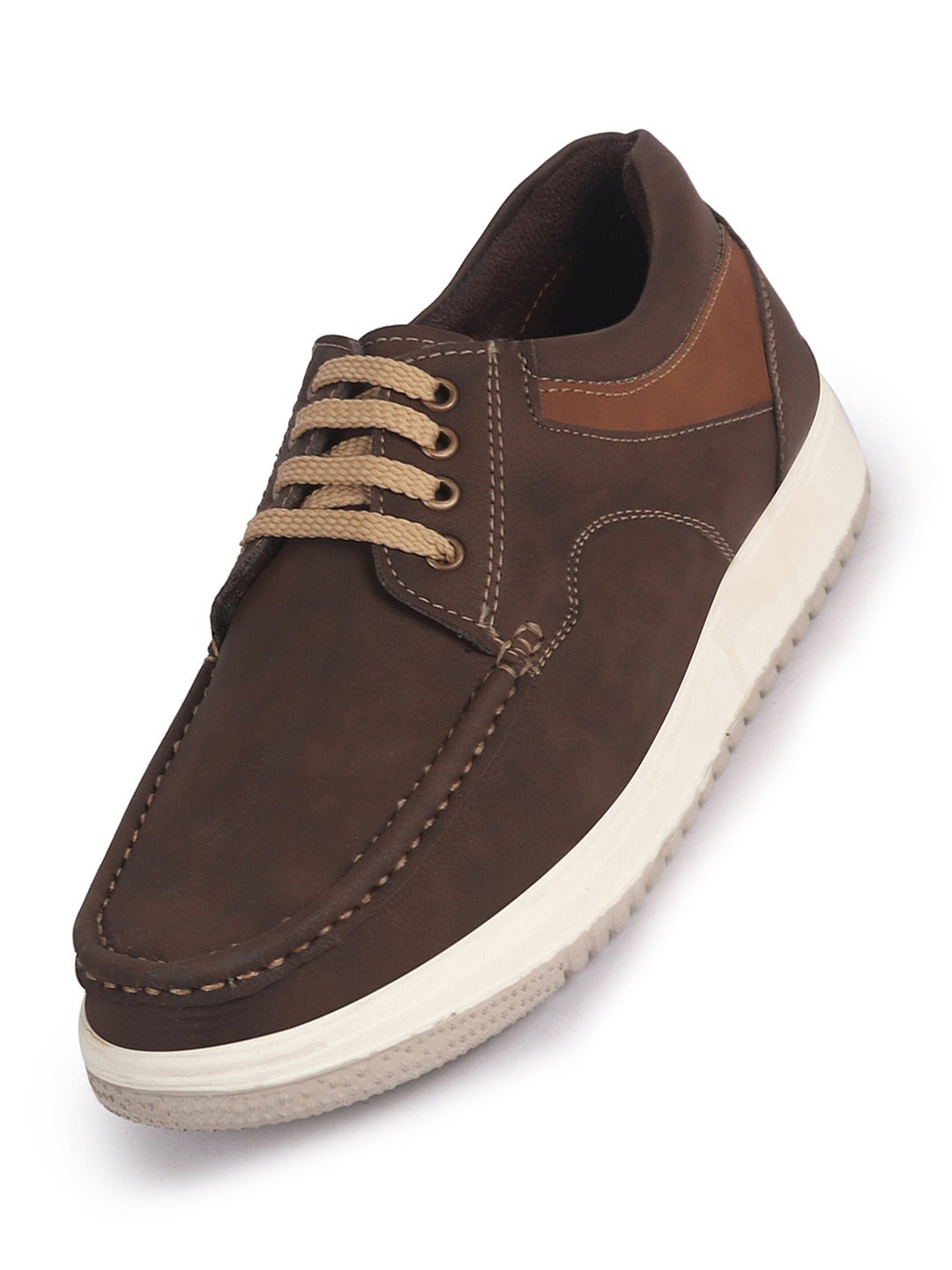 Men Brown Broad Feet Moc Toe Lace Up Sneakers with Cushioned Insole|Ultra-Lightweight Walking Shoes|Flexible Anti-Skid EVA Sole|Walking, Travel & Daily Wear